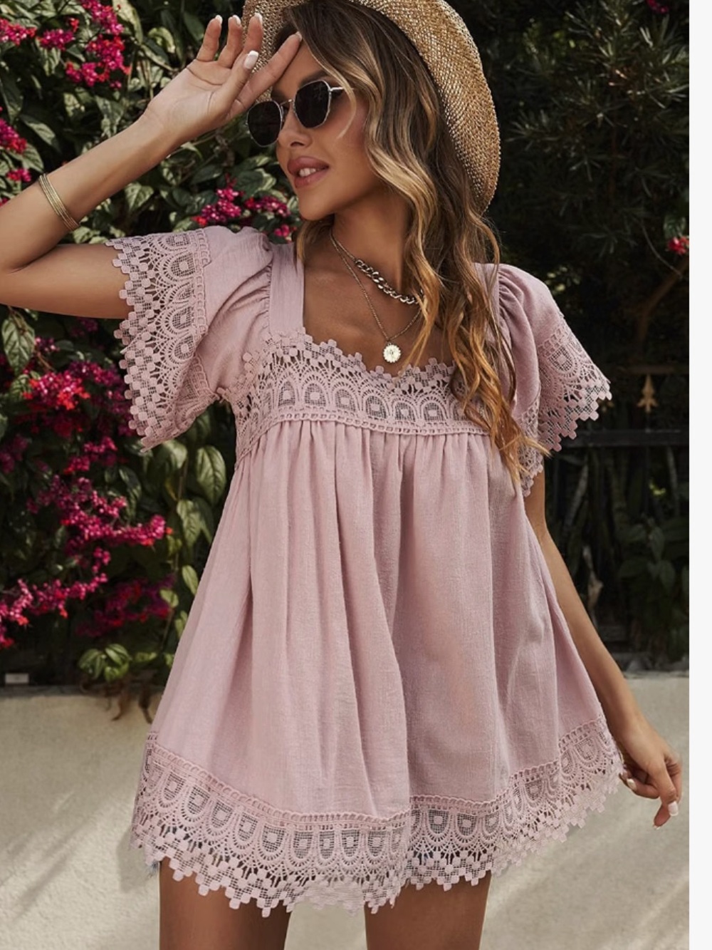 Lace-Trim Flutter Sleeve Tunic in Dusty Pink